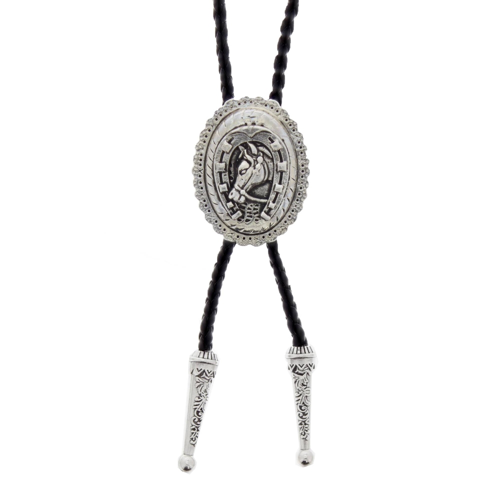 Zac's Alter Ego - Vintage Horse Pendant PU Leather Cord Western WesternKrawatte - Schwarz/Silberfarben